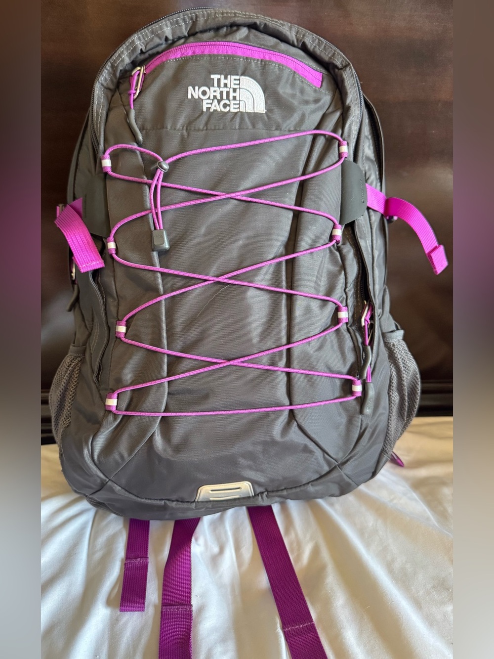 The North Face Borealis Gray and Purple Backpack with Bungee Cord